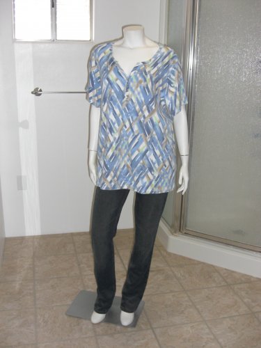 KAREN SCOTT Woman Blue-White Asymmetrical-Stripe Top Short Sleeves Stretch Knit Top Size 2X