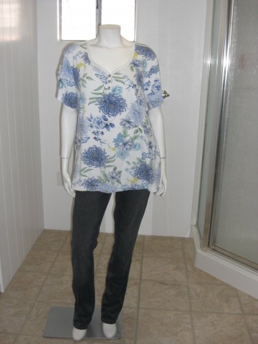 KAREN SCOTT Woman Blue-Hydrangeas Top Short Sleeves Stretch Knit Top Size 2X