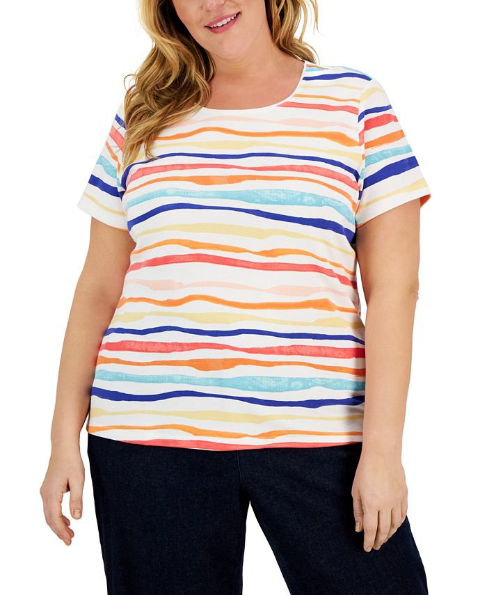 KAREN SCOTT Woman Scoop-Neck Short-Sleeve Horizontal Stripes Top Stretch Knit Top Size 2X