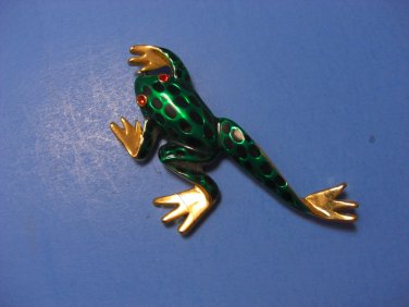 Long Legged Green Enamel Tree Frog Gold Tone Brooch