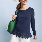 Talbots Long Sleeve French Terry Eyelet Hem Top. Size Medium Petite. Navy Blue.