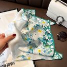 100% Silk Scarf Women White Green Flowers Kerchief Square Bandana Wrap 53*53cm