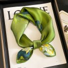 100% Silk Scarf Women Fashion Green Flower Kerchief Small Square Bandana 53*53cm