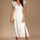 Cause to Celebrate White and Gold Dot Ruffled Tiered Midi Dress