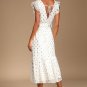 Cause to Celebrate White and Gold Dot Ruffled Tiered Midi Dress