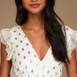 Cause to Celebrate White and Gold Dot Ruffled Tiered Midi Dress