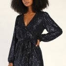 Sparkly Darling Navy Blue Sequin Long Sleeve Wrap Dress