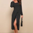 Women's Charmed and Classy Black Polka Dot Long Sleeve Midi Dress