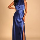 Women's Classic Elegance Blue Satin Sleeveless Mock Neck Maxi Dress