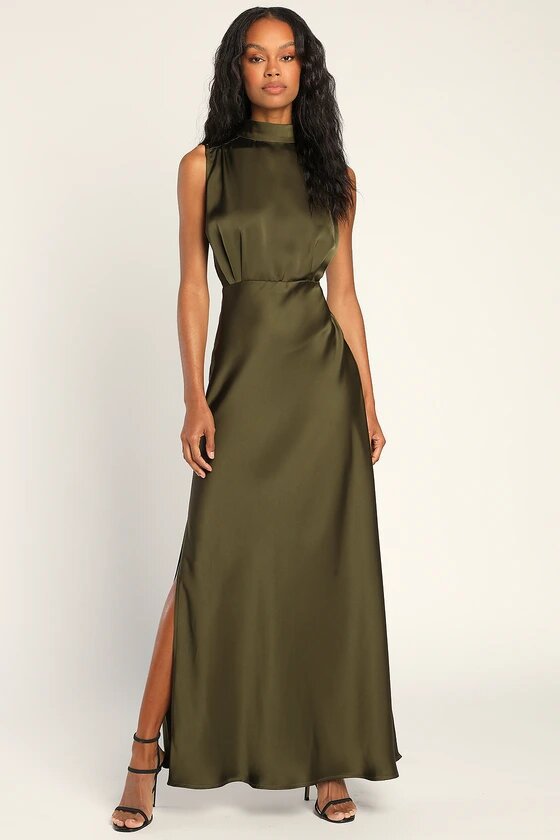 Women's Classic Elegance Olive Satin Sleeveless Mock Neck Maxi Dress