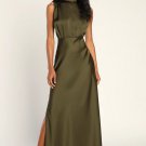 Women's Classic Elegance Olive Satin Sleeveless Mock Neck Maxi Dress