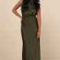 Women's Classic Elegance Olive Satin Sleeveless Mock Neck Maxi Dress
