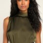 Women's Classic Elegance Olive Satin Sleeveless Mock Neck Maxi Dress