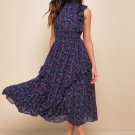 Women's Evalina Navy Blue Floral Print Mock Neck Midi Dress