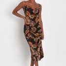 Women's Favorite Icon Black Floral Satin Cowl Neck Slip Midi Dress
