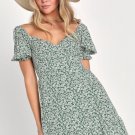 Women's Grateful Feelings Sage Green Floral Print Puff Sleeve Mini Dress