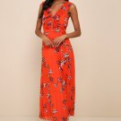 Women's Loved By You Red Orange Floral Print Pleated Chiffon Maxi Dress