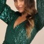 Women's Sparkly Darling Emerald Green Sequin Long Sleeve Wrap Dress