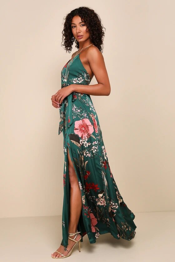 Women's Still the One Emerald Green Floral Print Satin Maxi Dress