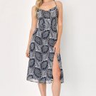Women's Trendy Charm Navy Blue Paisley Backless Lace-Up Midi Dress