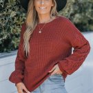 Women's Brick Round Neck Long Puff Sleeve Sweater