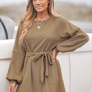Women's Belted Bishop Sleeve Rib Knit Mini Dress