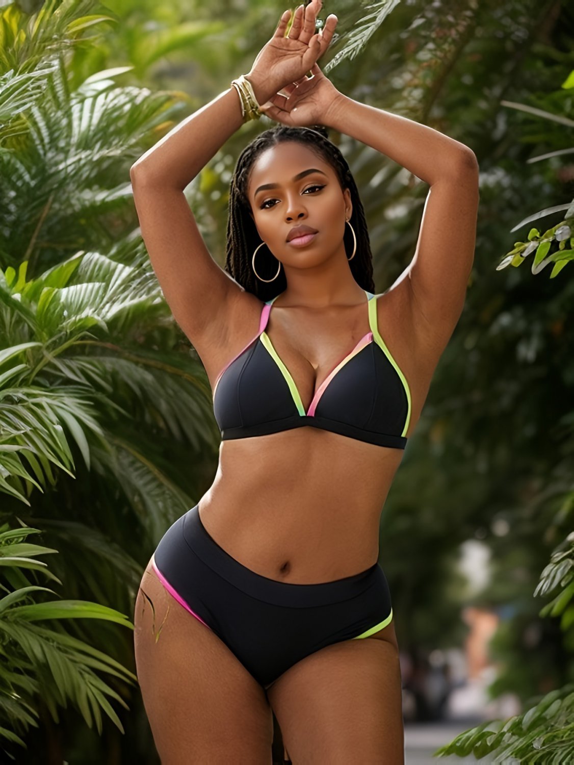 Women's Black Contrast Diamond Neck Bikini Top & Low-Rise Bottoms Set