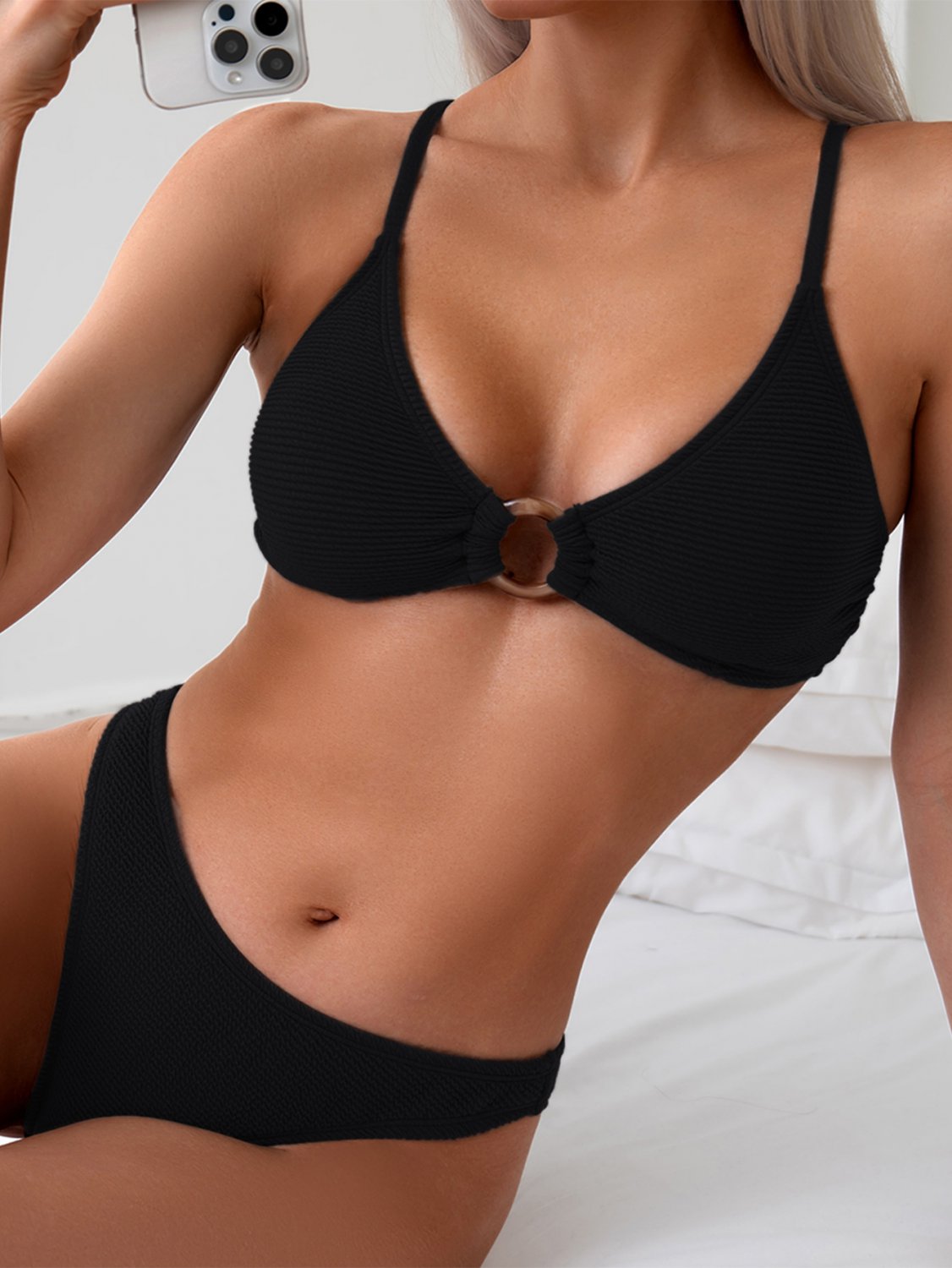Women's Halter Ring Bikini Top & Overlap Bottoms Set