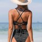 Women's Black Floral Jacquard Scalloped Bralette & High Waist Bikini Set