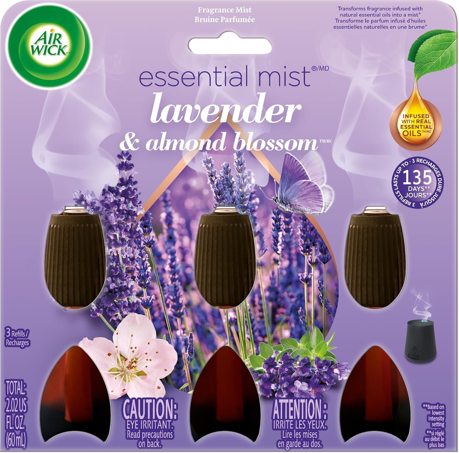 Air Wick Essential Mist Refill, 3 ct, Lavender and Almond Blossom, Essential Oils