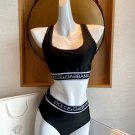 DG new split swimsuit bikini set letter ribbon waist cinched sports vest+triangle underwear, blac