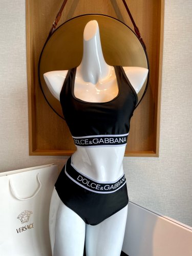DG new split swimsuit bikini set letter ribbon waist cinched sports vest+triangle underwear, blac