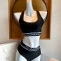 DG new split swimsuit bikini set letter ribbon waist cinched sports vest+triangle underwear, blac