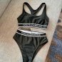 DG new split swimsuit bikini set letter ribbon waist cinched sports vest+triangle underwear, blac