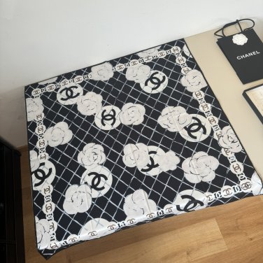 0 Original Small Fragrance 90cm Silk Square Towel, Camellia. Top grade twill silk mater