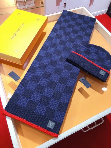 5 RLV1955 [Premium Set] LV Super Hard Goods Thick checkered cashmere scarf+hat super