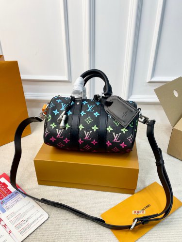 215 fold gift box LV Keepall 25 black rainbow gradient bag, classic Monogram old flower+ra