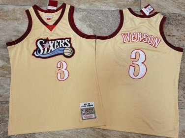 Mitchell Ness 76ers Allen Iverson AU  Cream Gold Fine Embroidery