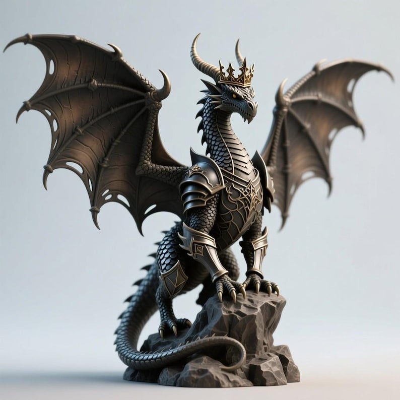 Armored Dragon King STL: 3D Printable Fantasy Statue (Digital Download)