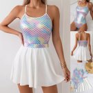 Women Swimsuit Set Swimdress Beach Bathing Suit Open Back Skirt Swimming Shiny