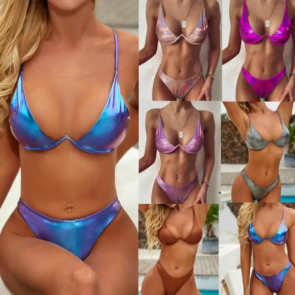 Sexy Women's Metallic Bikini Set Push-Up Bra Swimwear Swimsuit Bathing Beachwear