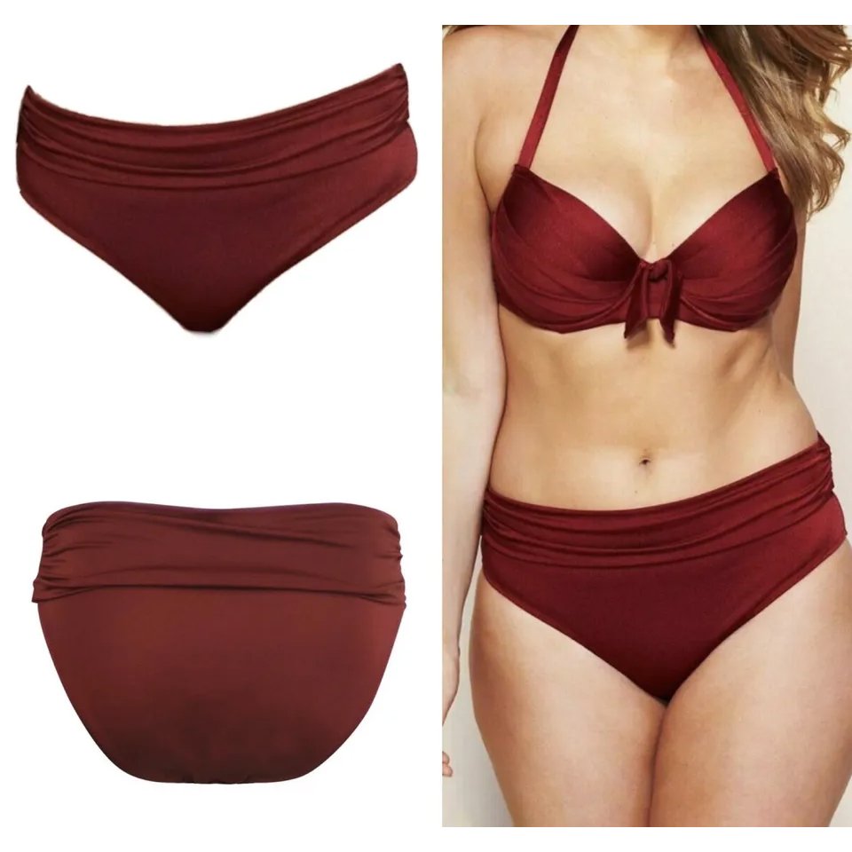 Deep Red Rouched Bikini Bottoms Brief UK 12 14