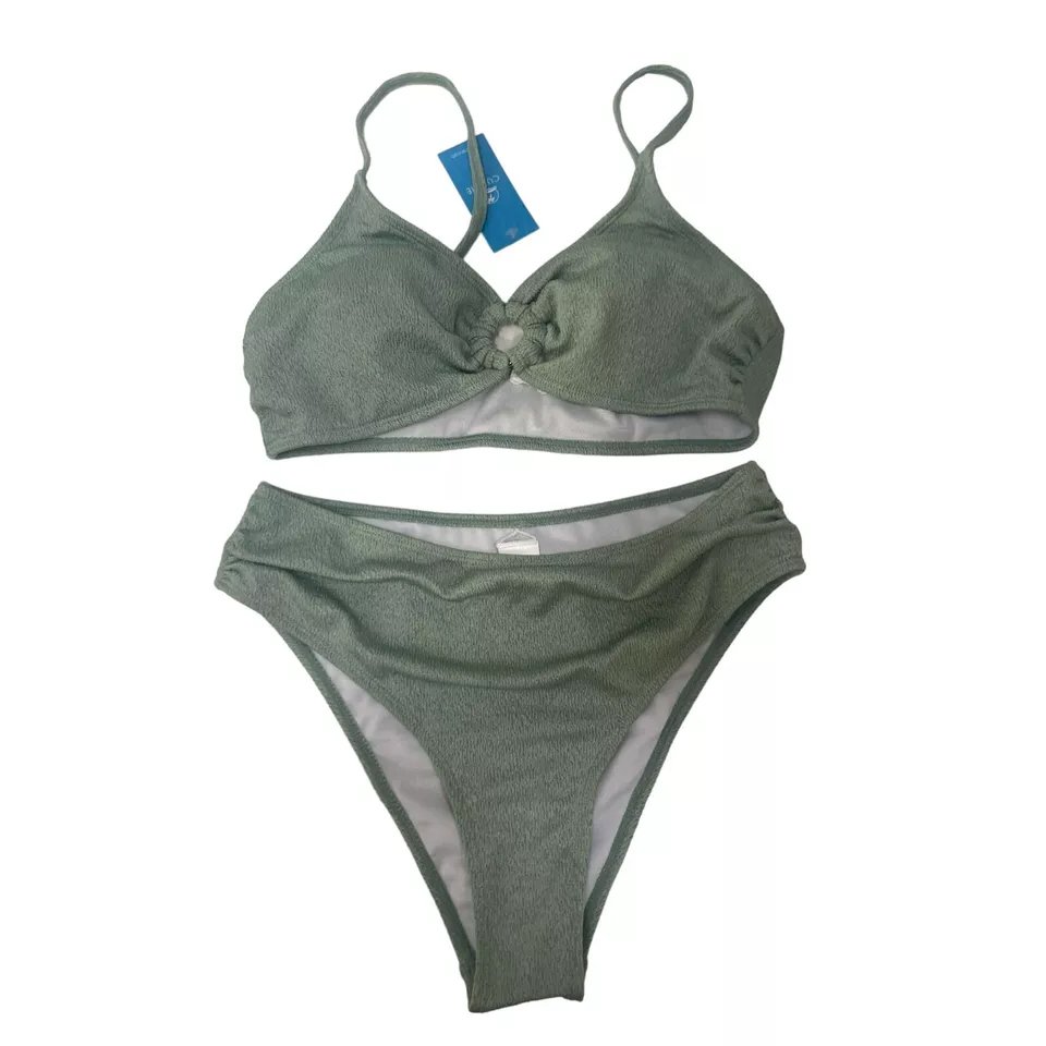 Womens Bikini Set Mid Rise Adjustable O Ring Top Green Textured Bikini Size M