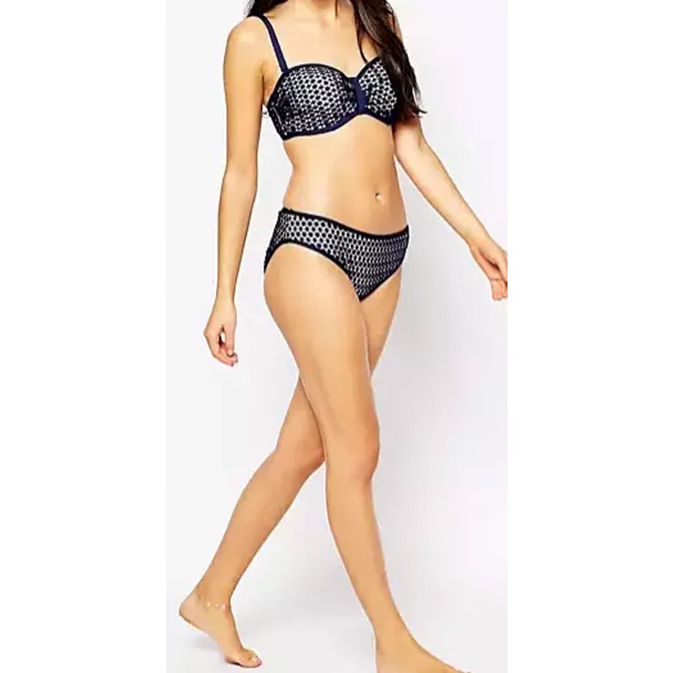Navy Blue White Bandeau Underwired Padded Bikini Top & OR Bottoms