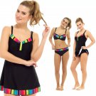 Ladies Rainbow Trim Black Swimming Costume Bikini Swimwear Swim Dress Size 10-22