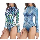 Women's Mermaid Print Jumpsuit Rash Guard Zipper Surfing Suit Wetsuit Swimsuit