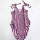 Women NEW Solid & Striped Reversible One Piece Swimsuit Floral Pnstripe Size S
