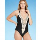 Women's Crochet Trim Plunge One Piece Swimsuit Size Large Black
