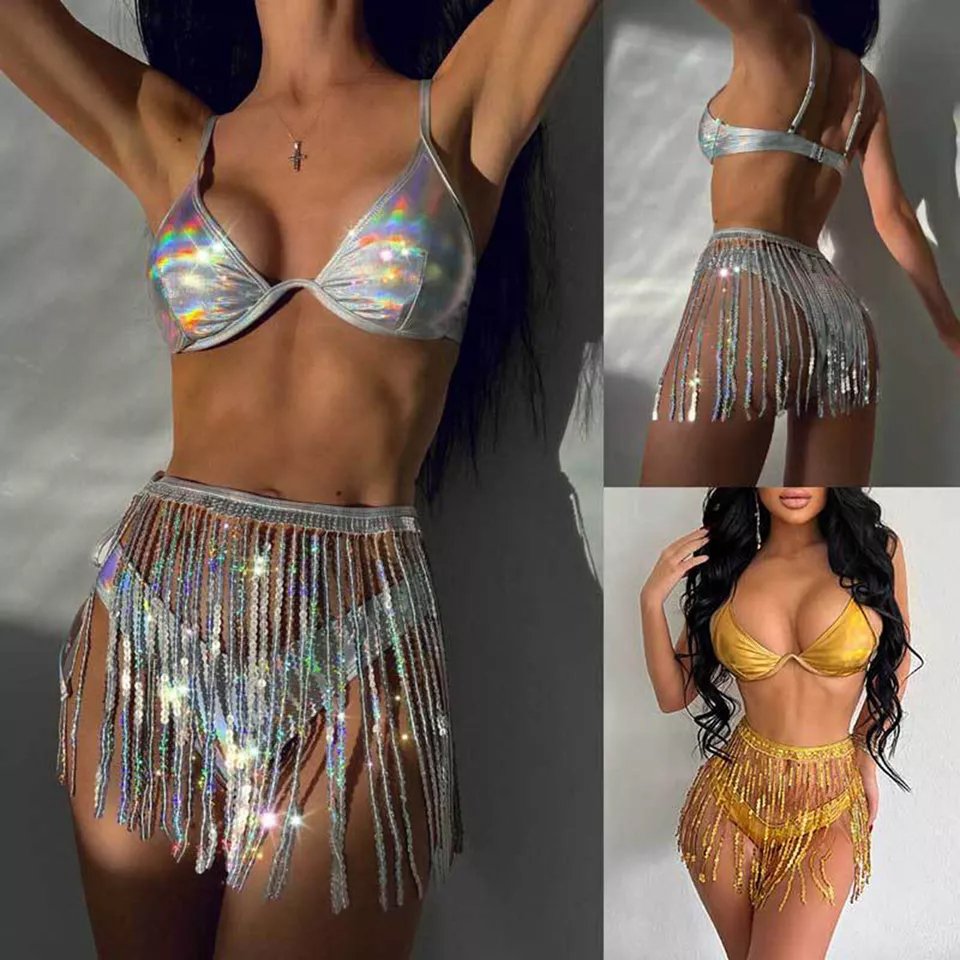 Womens 3-Piece Set Bikini Party Swimwear High Waist Swimsuit Sparkly Outfits
