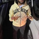 Spider Trend Print Beige Fleece-Lined Zip-Up Hoodie